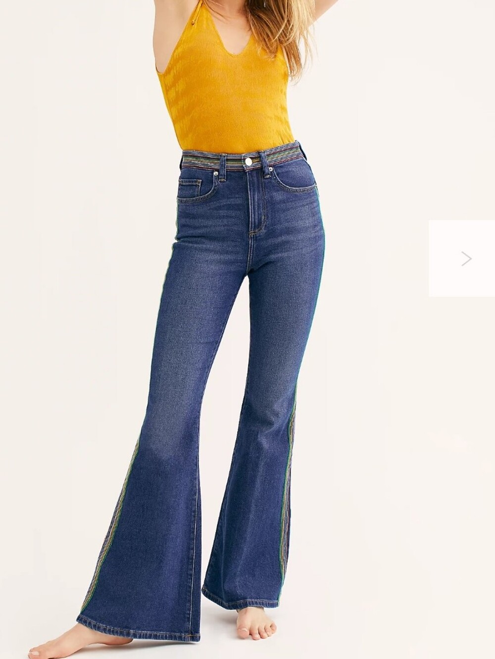 Lee X Free People Vintage Dark Blue Flare Jeans with Rainbow Side Stripe